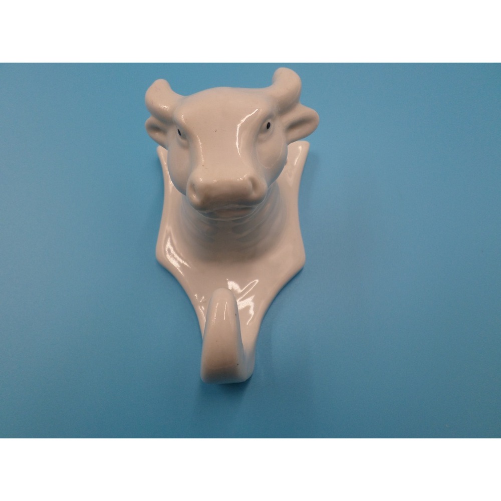 Western White Ceramic Cow Bull Head Wall Kitchen Hook VTG Apron Towel Holder